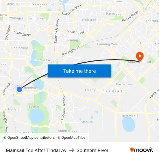 Mainsail Tce After Tindal Av to Southern River map