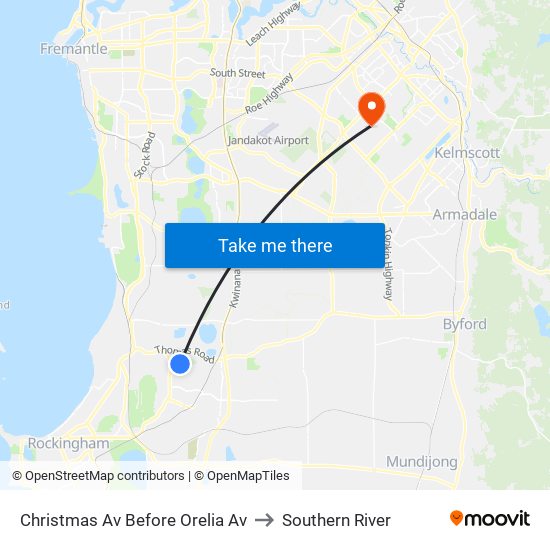 Christmas Av Before Orelia Av to Southern River map