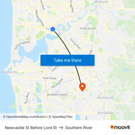 Newcastle St Before Lord St to Southern River map