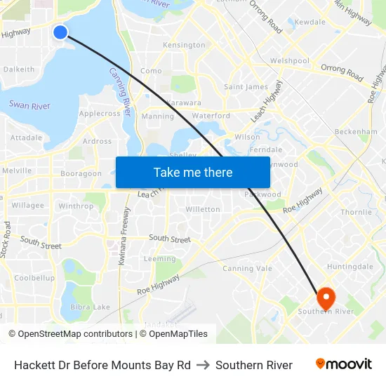 Hackett Dr Before Mounts Bay Rd to Southern River map