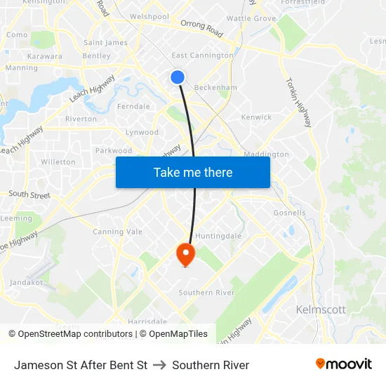 Jameson St After Bent St to Southern River map