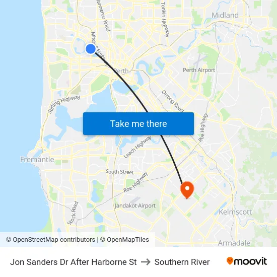 Jon Sanders Dr After Harborne St to Southern River map