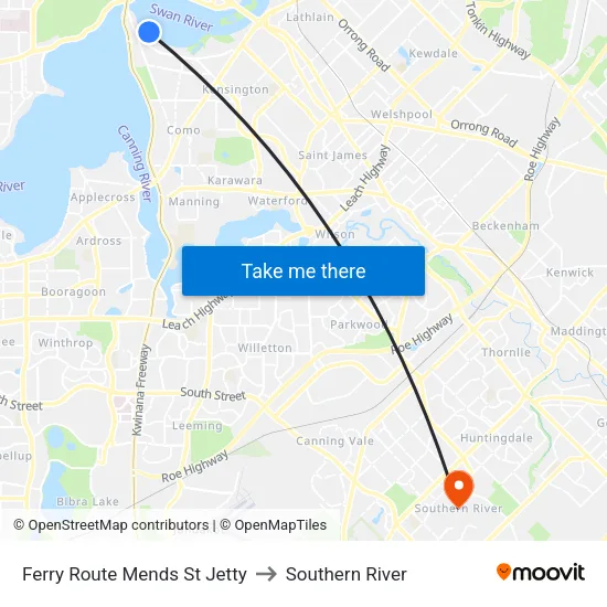 Ferry Route Mends St Jetty to Southern River map