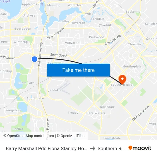 Barry Marshall Pde Fiona Stanley Hospital to Southern River map
