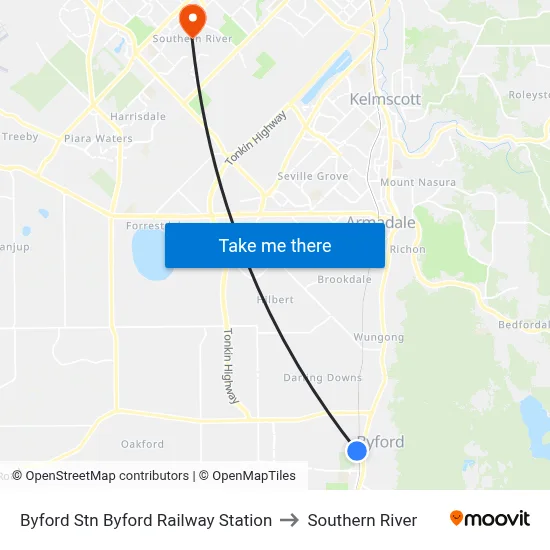 Byford Stn Byford Railway Station to Southern River map