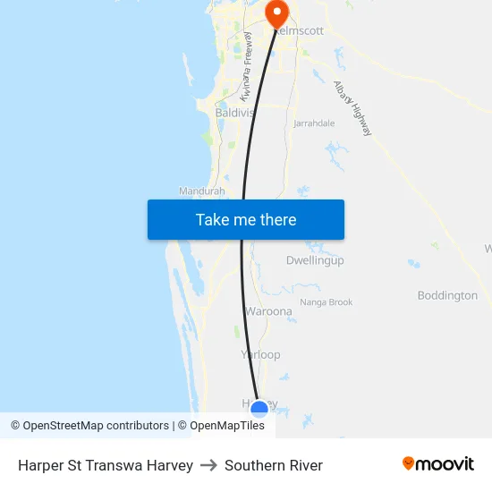 Harper St Transwa Harvey to Southern River map
