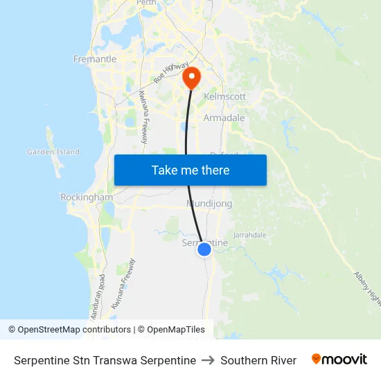 Serpentine Stn Transwa Serpentine to Southern River map
