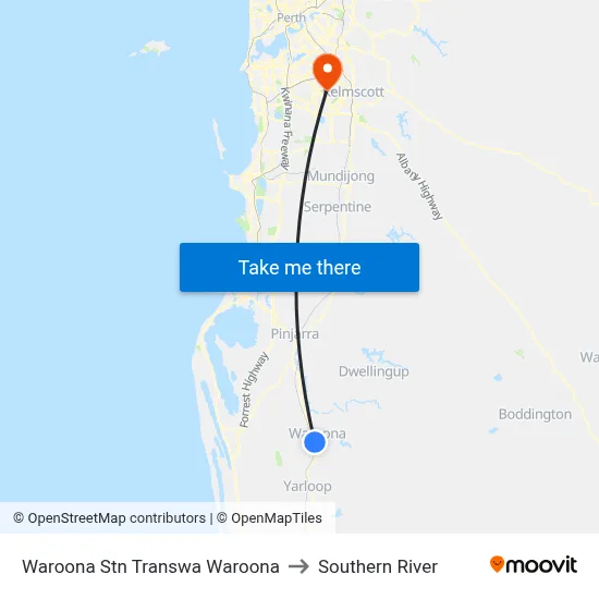 Waroona Stn Transwa Waroona to Southern River map