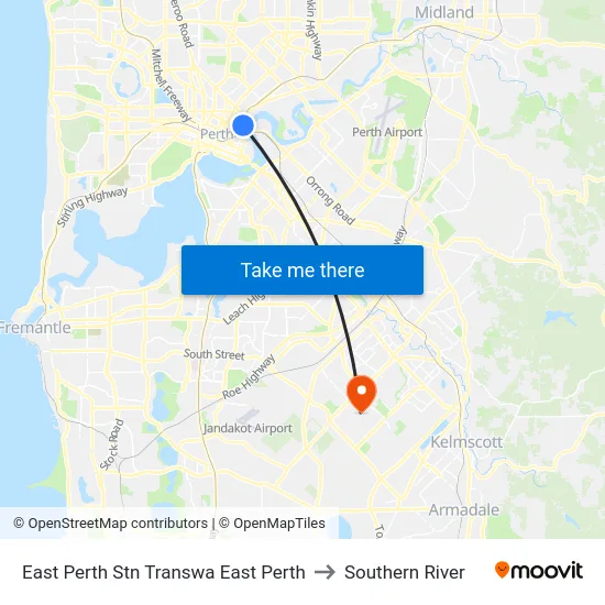 East Perth Stn Transwa East Perth to Southern River map