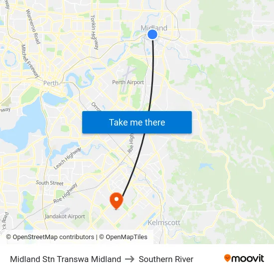 Midland Stn Transwa Midland to Southern River map