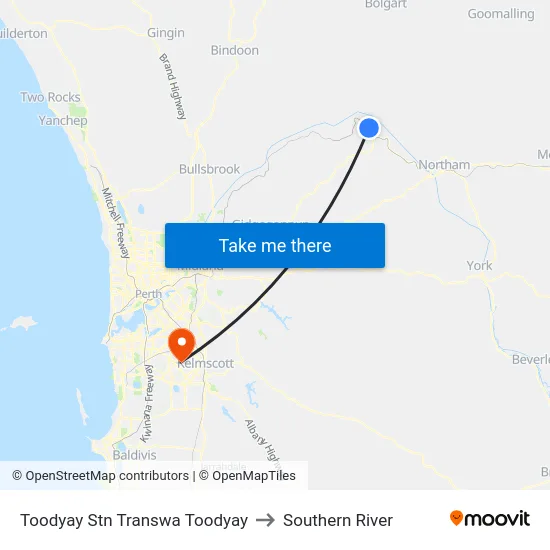 Toodyay Stn Transwa Toodyay to Southern River map