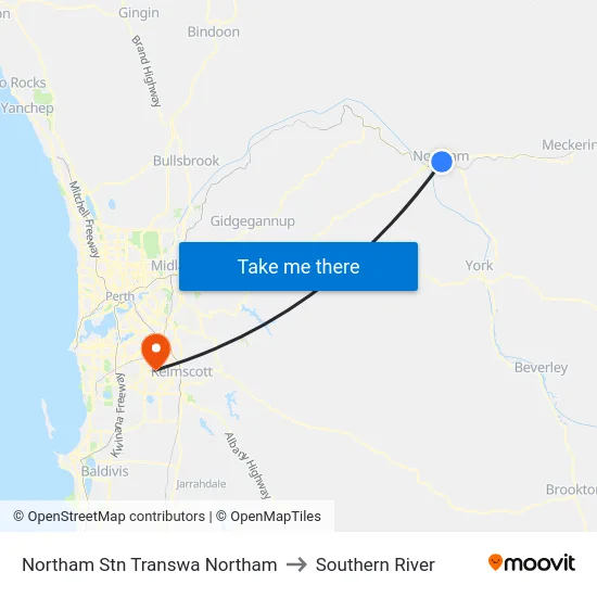 Northam Stn Transwa Northam to Southern River map