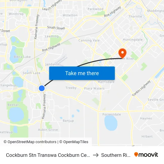 Cockburn Stn Transwa Cockburn Central to Southern River map