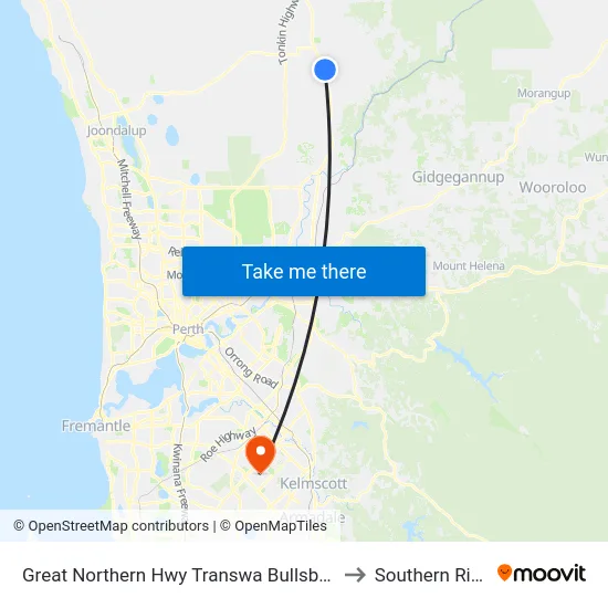 Great Northern Hwy Transwa Bullsbrook to Southern River map