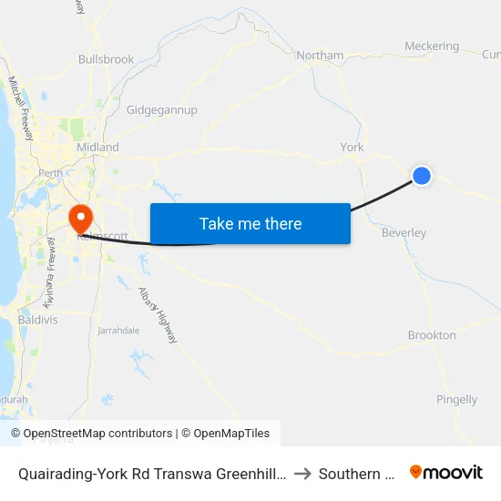 Quairading-York Rd Transwa Greenhills Turnoff to Southern River map