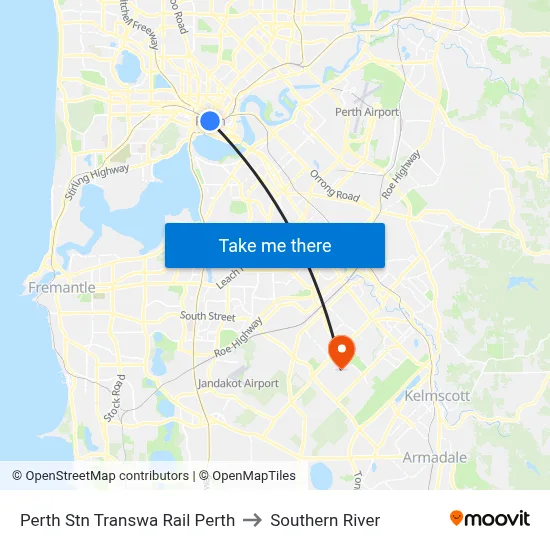 Perth Stn Transwa Rail Perth to Southern River map
