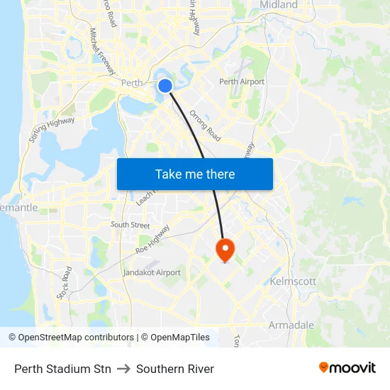 Perth Stadium Stn to Southern River map