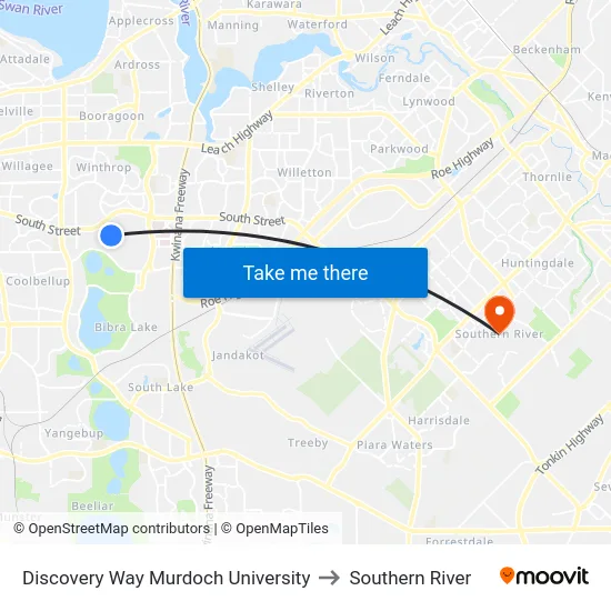 Discovery Way Murdoch University to Southern River map
