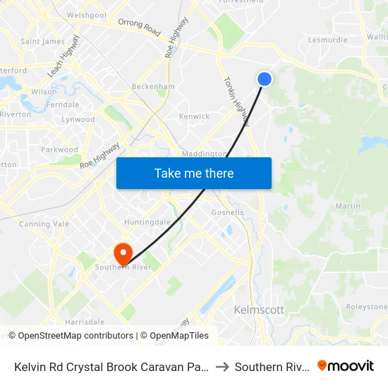 Kelvin Rd Crystal Brook Caravan Park to Southern River map