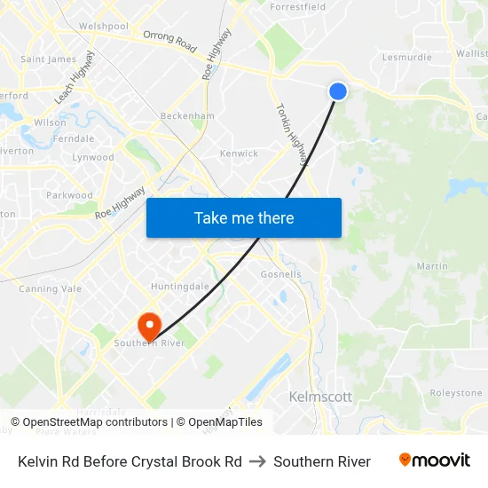 Kelvin Rd Before Crystal Brook Rd to Southern River map