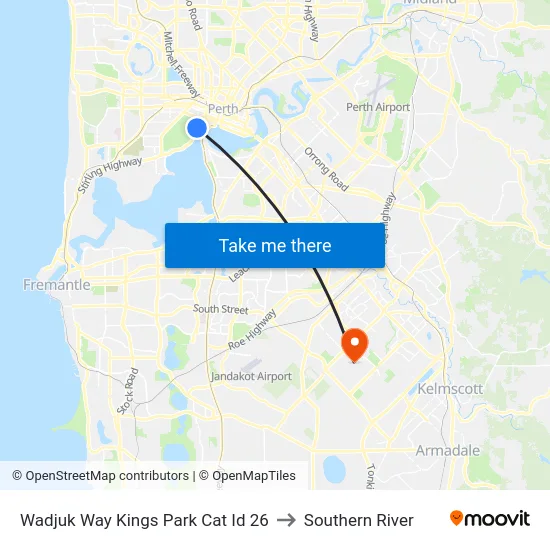 Wadjuk Way Kings Park Cat Id 26 to Southern River map