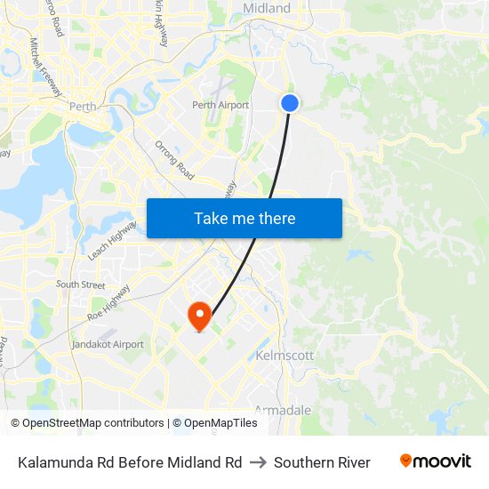 Kalamunda Rd Before Midland Rd to Southern River map