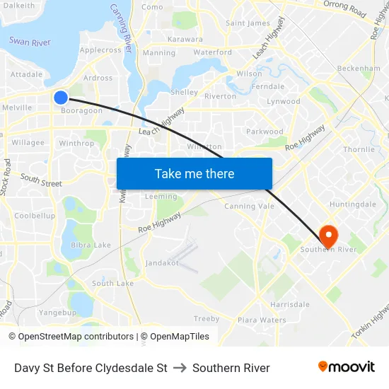 Davy St Before Clydesdale St to Southern River map