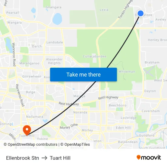 Ellenbrook Stn to Tuart Hill map