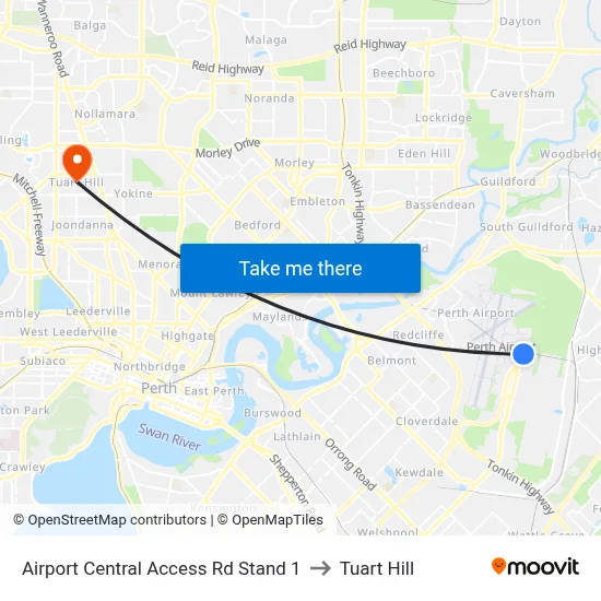 Airport Central Access Rd Stand 1 to Tuart Hill map