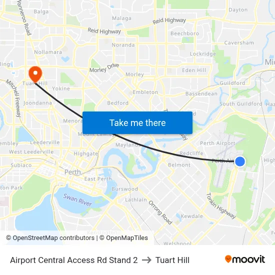 Airport Central Access Rd Stand 2 to Tuart Hill map
