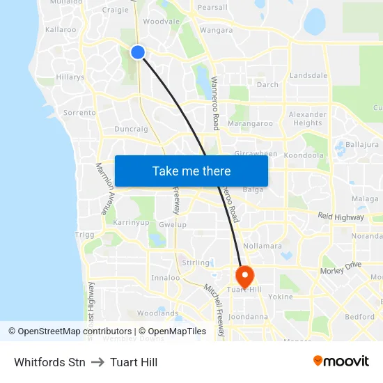 Whitfords Stn to Tuart Hill map