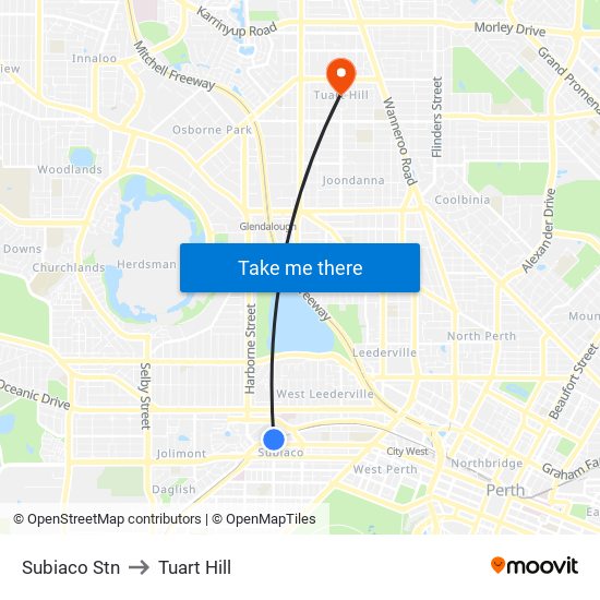Subiaco Stn to Tuart Hill map