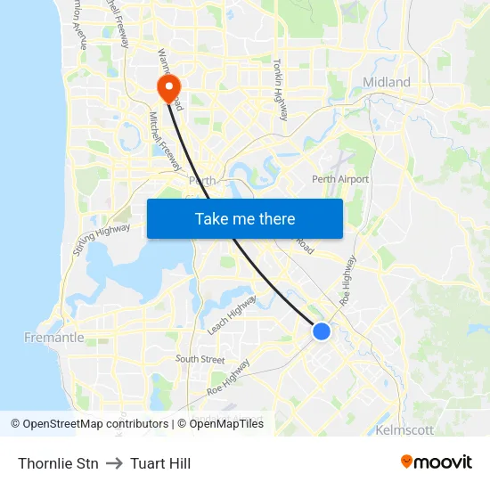Thornlie Stn to Tuart Hill map