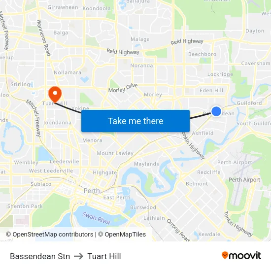 Bassendean Stn to Tuart Hill map