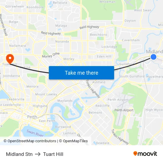 Midland Stn to Tuart Hill map
