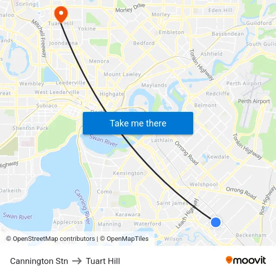 Cannington Stn to Tuart Hill map