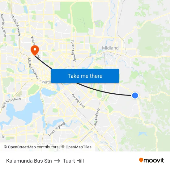 Kalamunda Bus Stn to Tuart Hill map