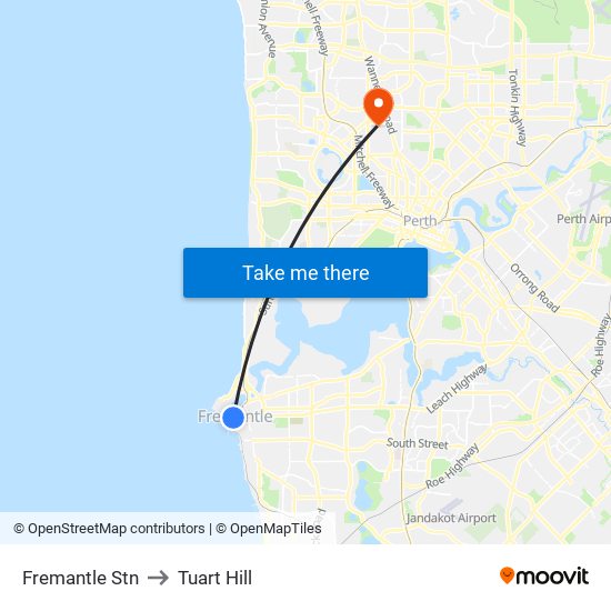 Fremantle Stn to Tuart Hill map