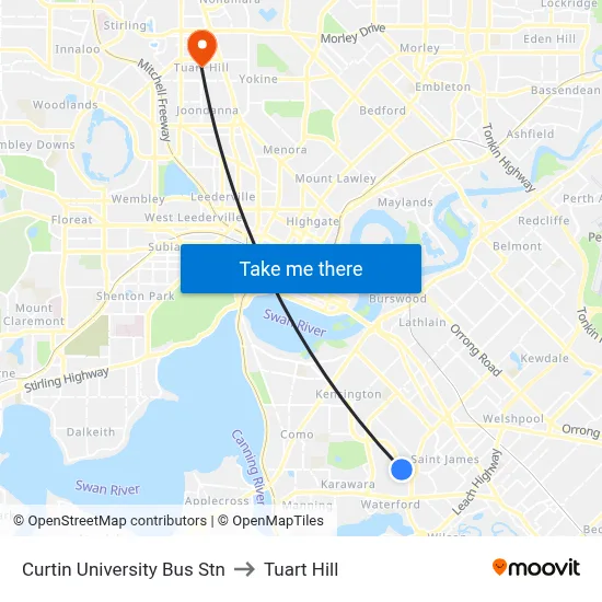 Curtin University Bus Stn to Tuart Hill map