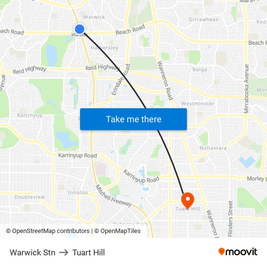 Warwick Stn to Tuart Hill map