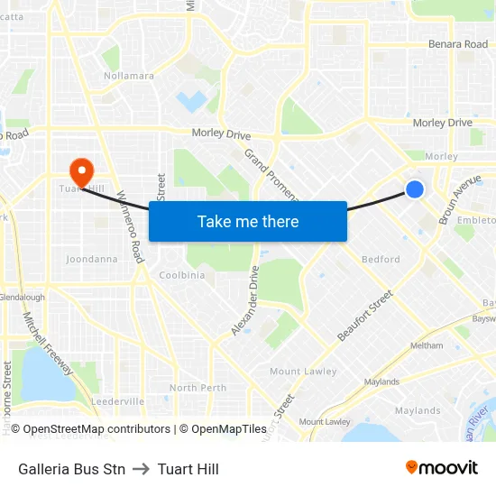 Galleria Bus Stn to Tuart Hill map