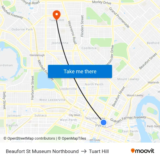 Beaufort St Museum Northbound to Tuart Hill map