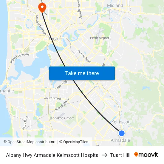 Albany Hwy Armadale Kelmscott Hospital to Tuart Hill map