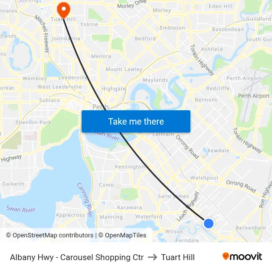 Albany Hwy - Carousel Shopping Ctr to Tuart Hill map