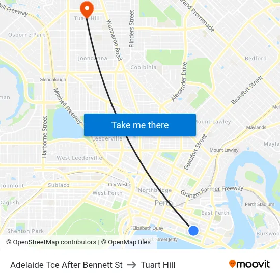 Adelaide Tce After Bennett St to Tuart Hill map
