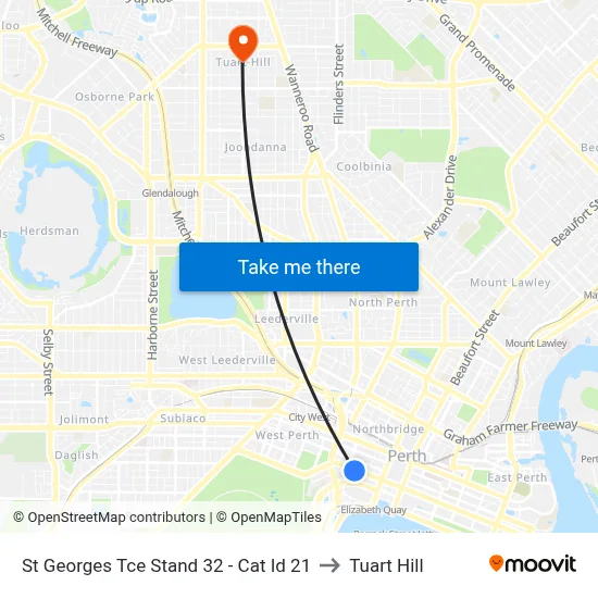 St Georges Tce Stand 32 - Cat Id 21 to Tuart Hill map