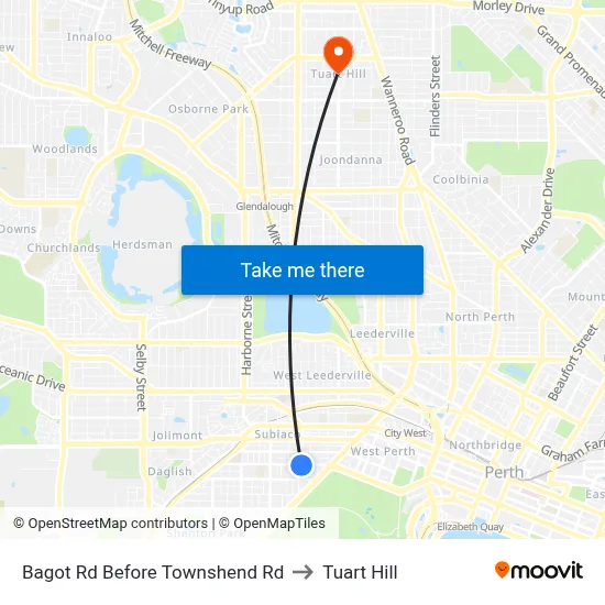 Bagot Rd Before Townshend Rd to Tuart Hill map