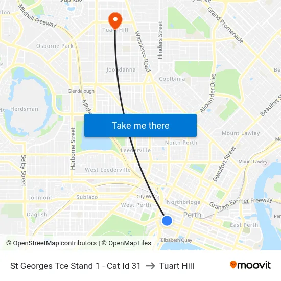 St Georges Tce Stand 1 -  Cat Id 31 to Tuart Hill map