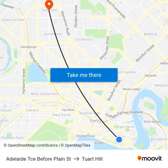 Adelaide Tce Before Plain St to Tuart Hill map