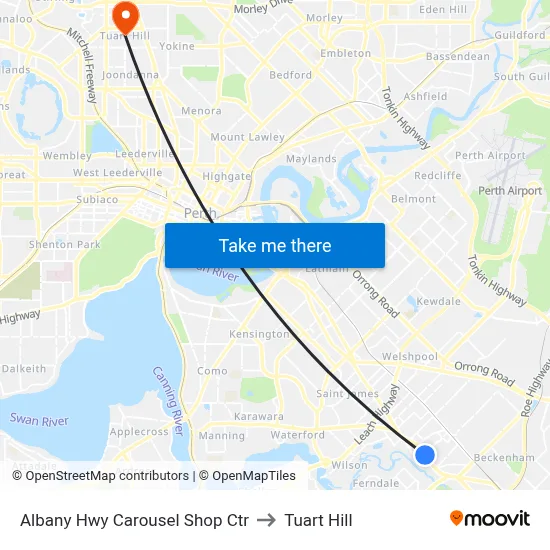 Albany Hwy Carousel Shop Ctr to Tuart Hill map